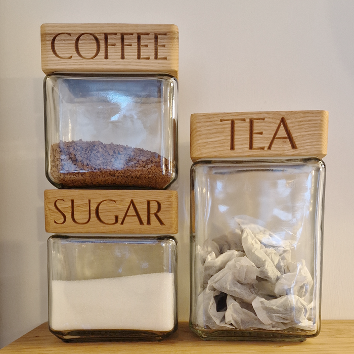 Handmade Glass Storage Jars - Tea, Coffee, Sugar - Set of 3