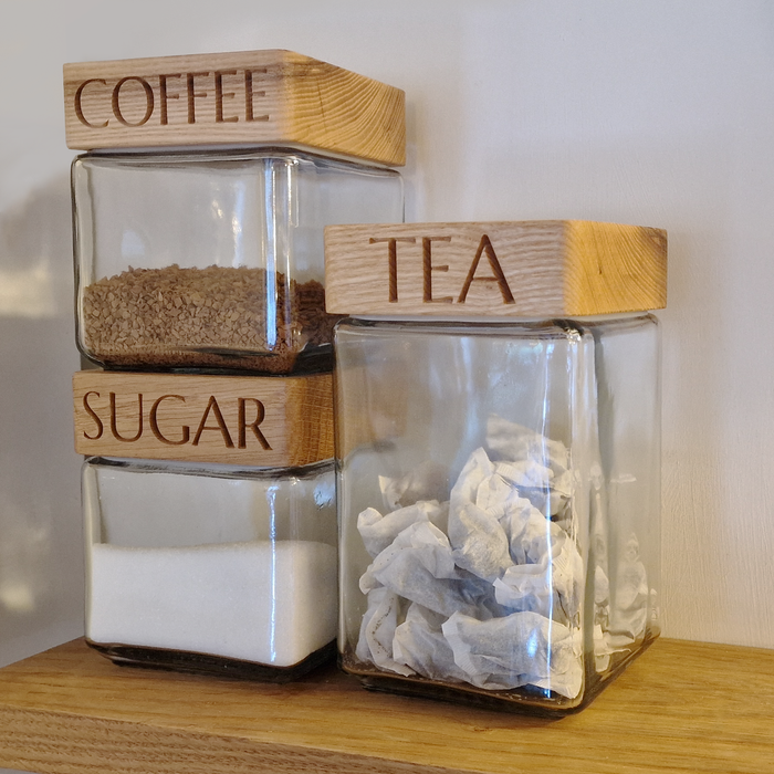 Handmade Glass Storage Jars - Tea, Coffee, Sugar - Set of 3