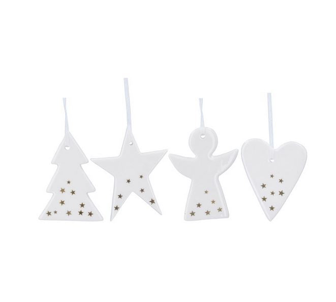 White ceramic decorations - Set of 4  - Shapes with Gold Stars