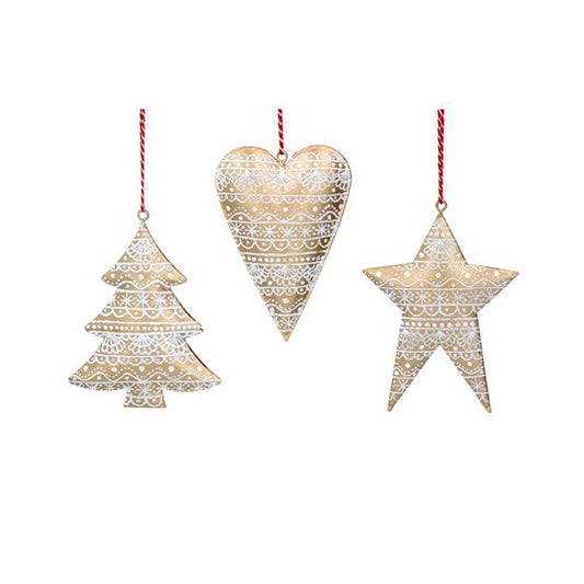 Gold 'Lace' Star, Heart & Tree hanging decorations - set of 3