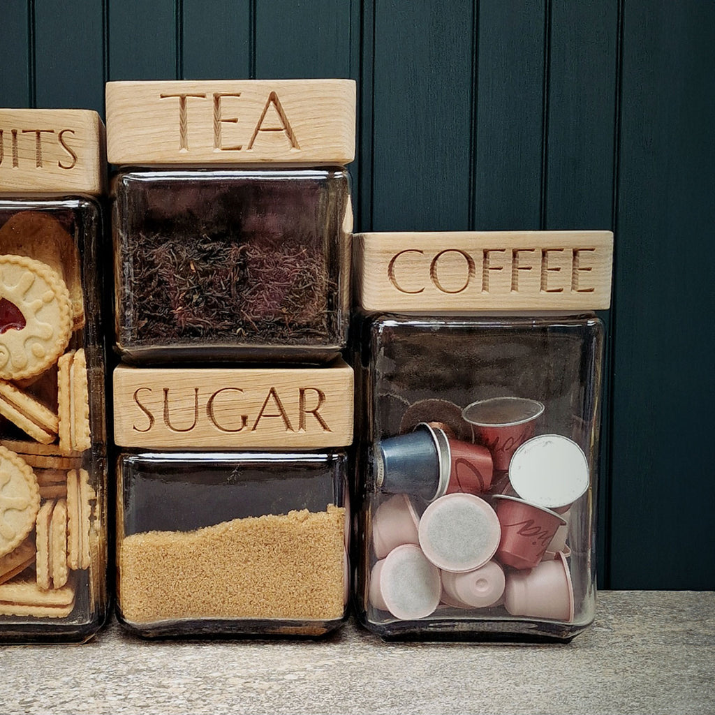 Handmade Glass Storage Jars - Tea, Coffee, Sugar - Set of 3