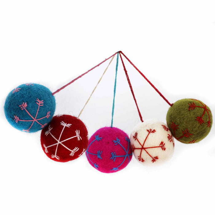 Handmade Felt Round Snowflake Baubles Set of 5 by Felt So Good
