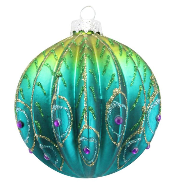 Peacock ribbed Glass bauble