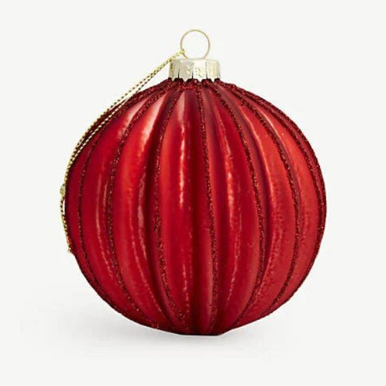 Red glitter ribbed glass bauble